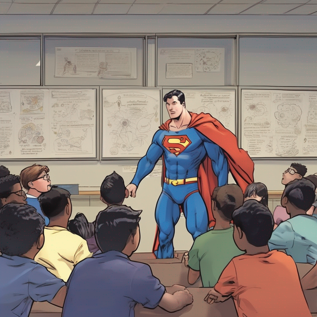 Stand-up science storytelling by Superman to high-school students